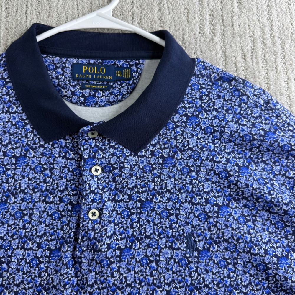 Polo Ralph Lauren Custom Slim Fit Floral Polo Shirt Mens Size XXL Blue Short Slv